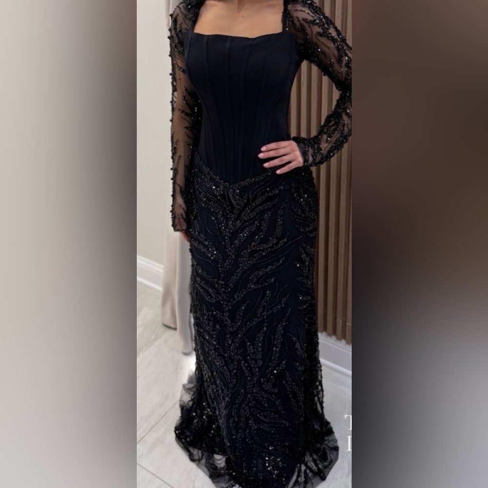 Black Beaded Long-Sleeve Evening Gown